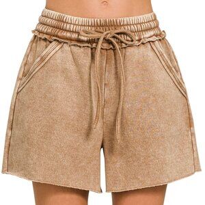 NWT Ladies Camel Brown Acid Wash Fleece Drawstring Shorts with Pockets SM MD